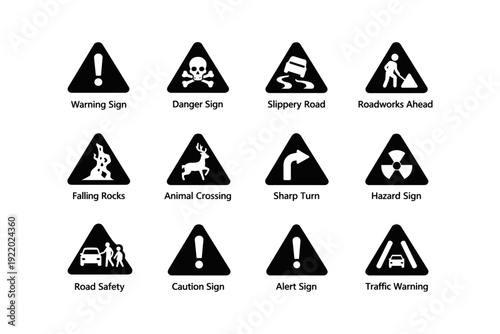 Series of black triangular road signs indicating various warnings and hazards