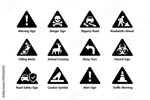 Set of 12 black triangle warning signs for road safety and hazard awareness