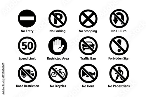 Prohibition traffic signs collection: no entry, no parking, and more