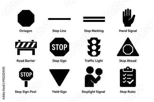 Traffic symbols and signs: octagon, stop sign, traffic light, yield sign, road barrier