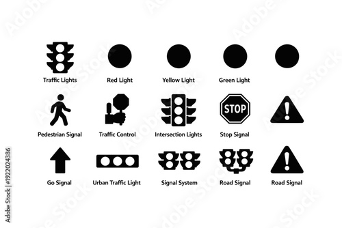 Traffic light and signal icons set featuring road signs and pedestrian signals