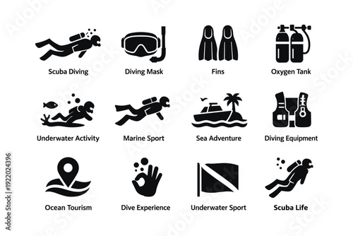 Icons representing scuba diving equipment and marine activities