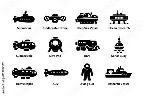 Types of ocean exploration vessels and equipment icons