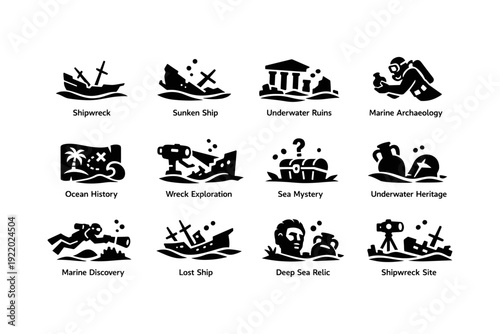 Underwater adventure icons featuring shipwreck, marine archaeology, and ocean discovery