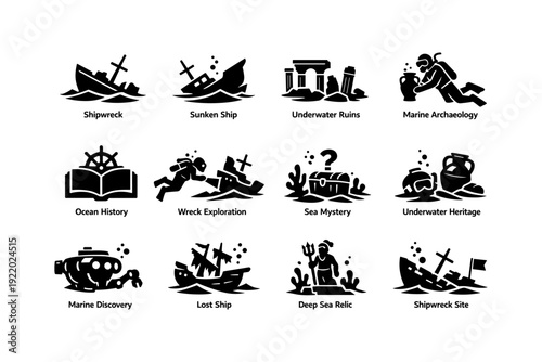 Maritime exploration icons set featuring shipwrecks and underwater archaeology