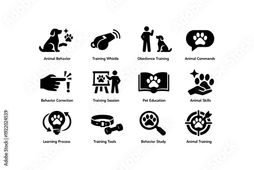 Animal training icons set: behavior, commands, education, tools
