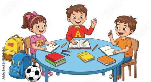 Children gathered around a table studying and discussing with books and school supplies
