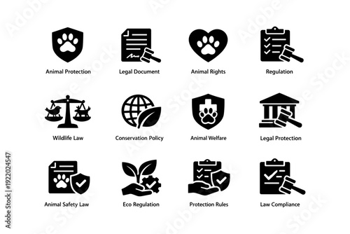 Icons representing animal law and regulation concepts