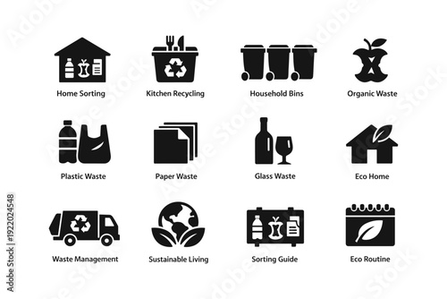 Recycling icons set: waste management, sustainability, eco-friendly practices
