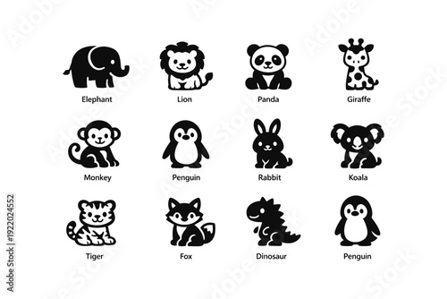 Cute animal icons set: elephant, lion, panda, giraffe, monkey, penguin, rabbit, koala, tiger, fox, dinosaur