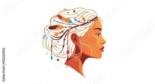 A profile view of a woman with blonde hair decorated with feathers, beads, and foliage, wearing large hoop earrings against a white background.