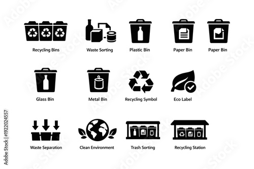 Recycling icons set: bins, sorting, eco labels, and waste management symbols