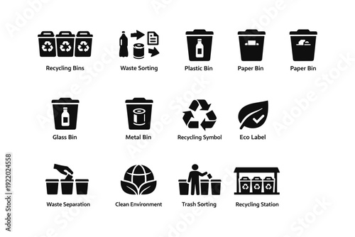 Recycling and waste management icons: bins, sorting, symbols, eco-friendly labels