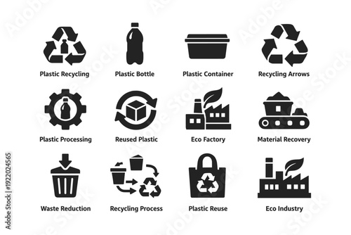 Eco-friendly practices: plastic recycling, reuse, and waste reduction icons