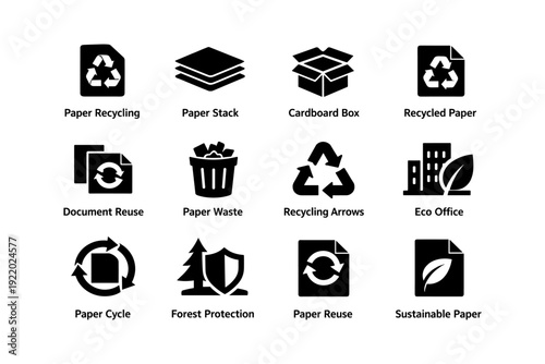 Sustainable recycling icons: eco office paper cycle and waste reduction