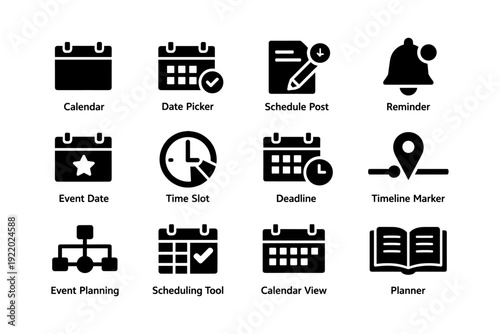 Calendar and scheduling icons: date picker, reminder, timeline, organizer