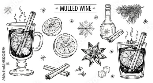 A festive winter scene featuring mulled wine, cinnamon sticks, and citrus slices in a detailed illustration view.