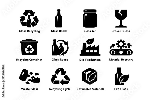 Glass recycling icons: sustainability and eco materials overview