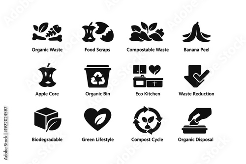 Organic waste management icons: compostable items and environmentally friendly practices