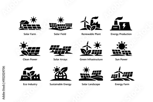 Renewable energy icons featuring solar panels and wind turbines