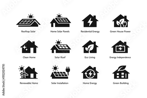 Eco-friendly home icons: solar panels, renewable energy, green living