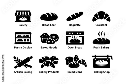 Bakery icons: loaves, croissant, muffins, oven, baked goods, artisan baking, display