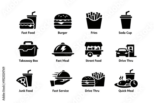Fast food icon set featuring burgers, fries, drinks, and more