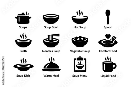 Soup icons: broth, noodle, vegetable, warm meals, culinary symbols