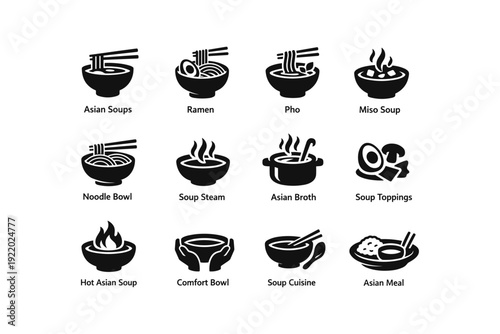 Icons featuring asian soups and noodles in various bowls and styles