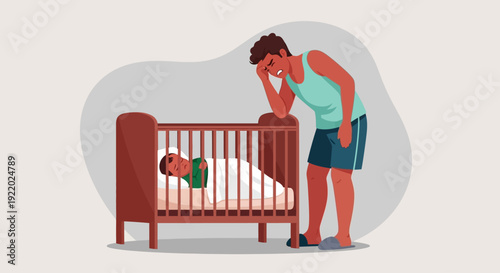 A worried mother standing beside a crib with her crying infant, viewed from the side in a domestic setting