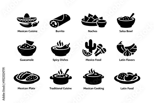 Mexican cuisine icons: burrito, nachos, guacamole, spicy dishes, latin flavors
