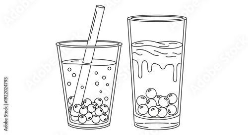 Illustration of two glasses with boba, one with a straw, on a plain background from a straightforward viewpoint
