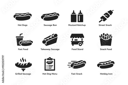 Fast food icons: hot dogs, sausage buns, mustard ketchup, street snacks, fast snacks