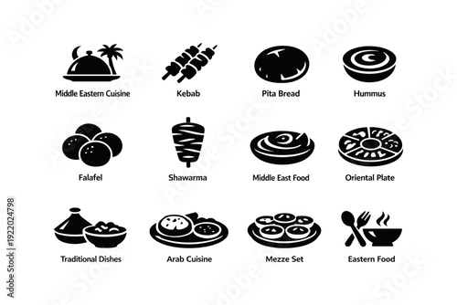Illustration of middle eastern cuisine icons: kebab, pita, hummus, falafel, shawarma