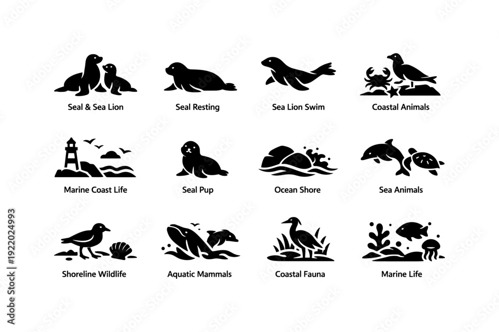 Fototapeta premium Silhouettes of marine coastal animals and aquatic life