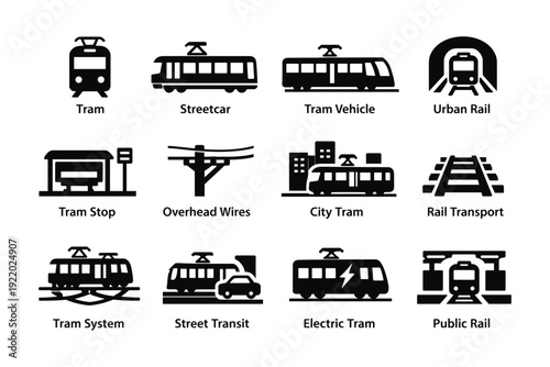 Urban tram icons set: tram, streetcar, city transport symbols