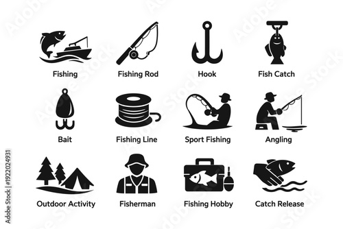 Fishing icons set: rod, hook, catch, bait, outdoor activities