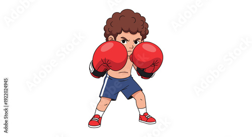 A determined cartoon boy with curly brown hair, wearing red boxing gloves and blue shorts, standing in an aggressive fighting stance, on white.