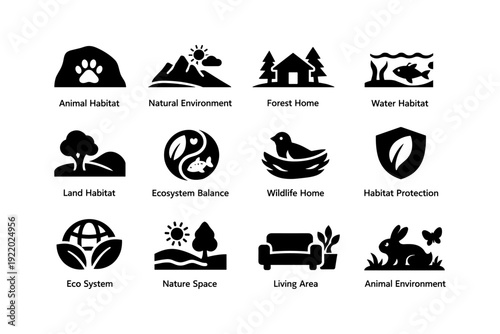 Nature and habitat icons: animal environment and ecosystem symbols