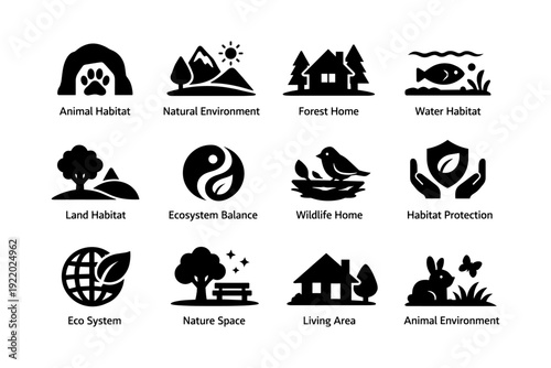 Nature and habitat symbols: ecosystem, wildlife, environment, protection, balance