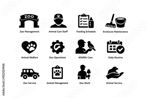 Zoo operations icons: animal care, feeding, maintenance, wildlife management