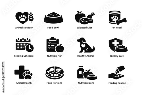 Animal nutrition icons set: pet food, health, diet, feeding schedule