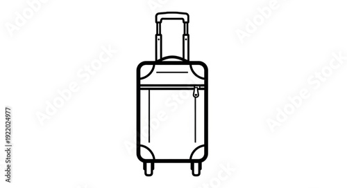 Black and white illustration of a rolling suitcase ready for travel and adventures.