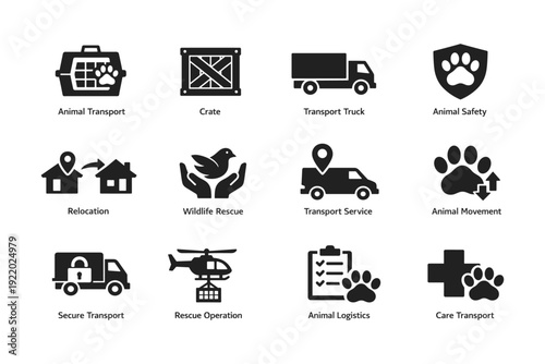 Animal transport icons: crate, truck, rescue, safety, logistics