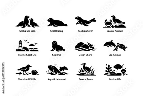 Silhouettes of marine coastal animals and aquatic life