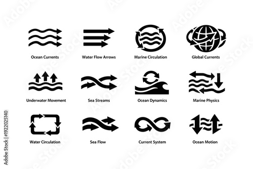 Set of vector icons representing various ocean and water currents in black and white