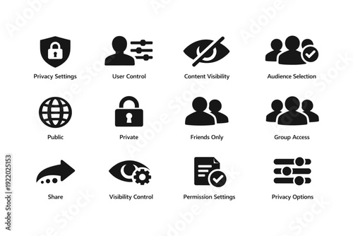 Privacy and user control icons set for online content management