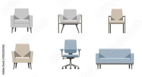 A diverse array of modern office chairs, comfortable armchairs, and a compact sofa arranged neatly on a plain white backdrop.