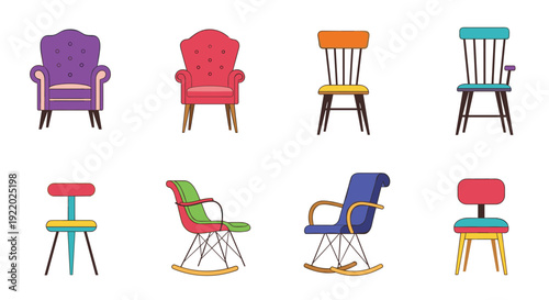 A collection of various colorful armchairs, dining chairs, and rocking chairs with distinct designs displayed on a clean white background.