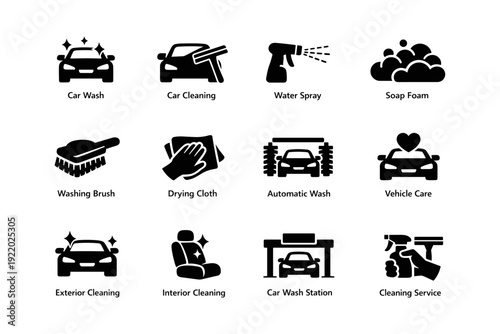 Car wash icons set: cleaning, foam, brush, spray, automatic, care